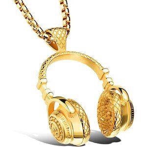 New Gold Stainless Steel Headphone Pendant Necklace for Men | DJ Music Gift
